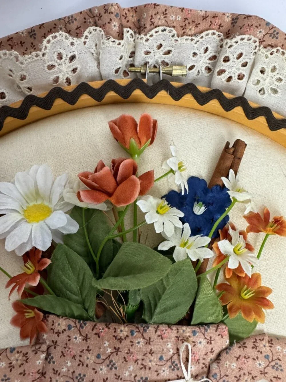 Vintage 70s Handmade Applique Hoop Wall Decor Floral Grandma Retro 16
